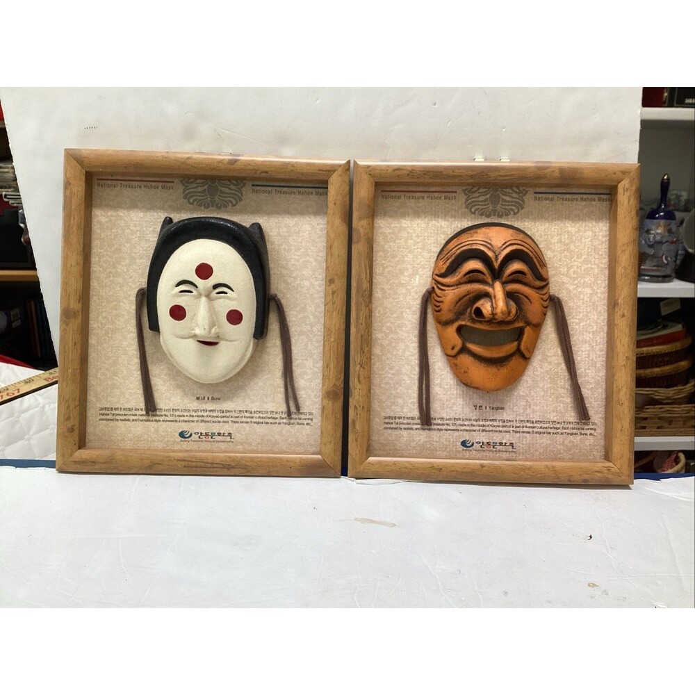 vintage Korean hahoe framed madks bune, yangban folk art wood